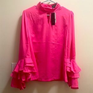 Key Hole High Neckline Cascade Cuffs Blouse